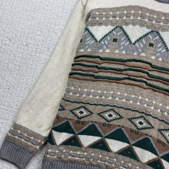 VTG Sunday's Men S Sweater Off-White / Green 3D Knit Wool Blend Canada Made - Picture 3 of 15